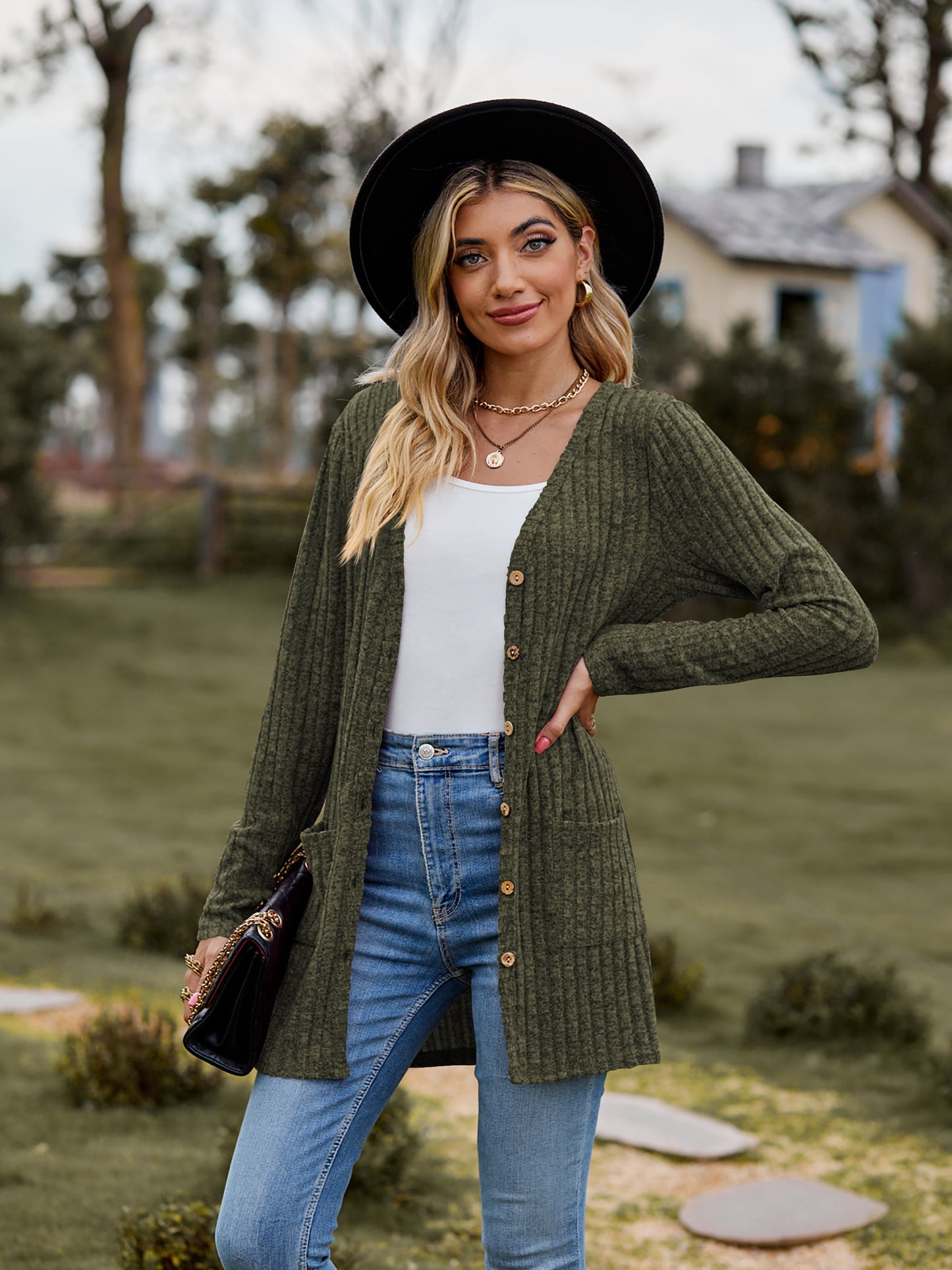 Ribbed Button-Up Cardigan with Pockets-Angel Casuals