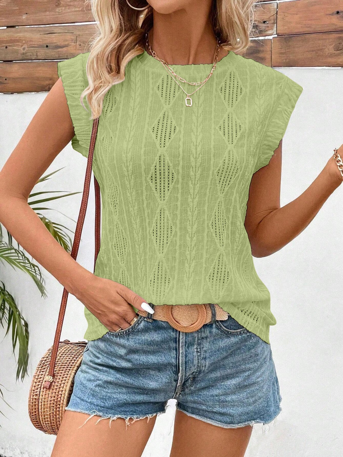 Openwork Round Neck Cap Sleeve Top-Angel Casuals
