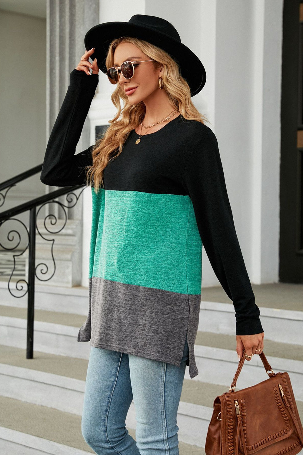 Color Block Round Neck Long Sleeve Slit T-Shirt-Angel Casuals