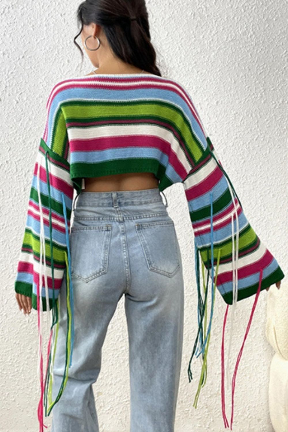 Fringe Striped Round Neck Knit Top-Angel Casuals