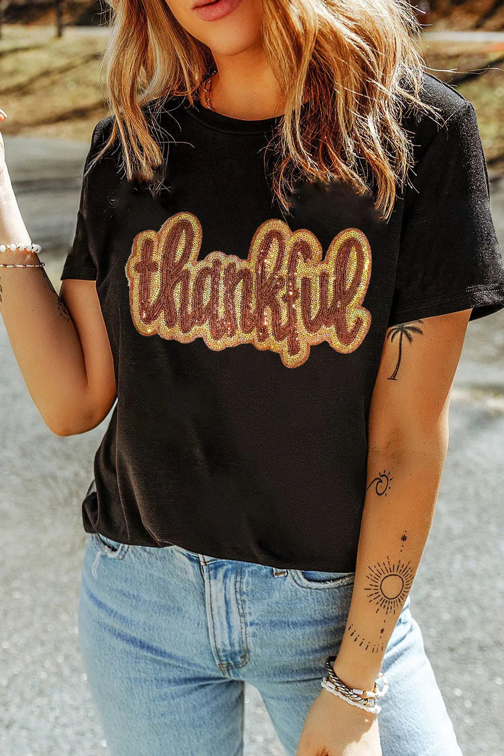 THANKFUL Sequin Round Neck Short Sleeve T-Shirt-Angel Casuals