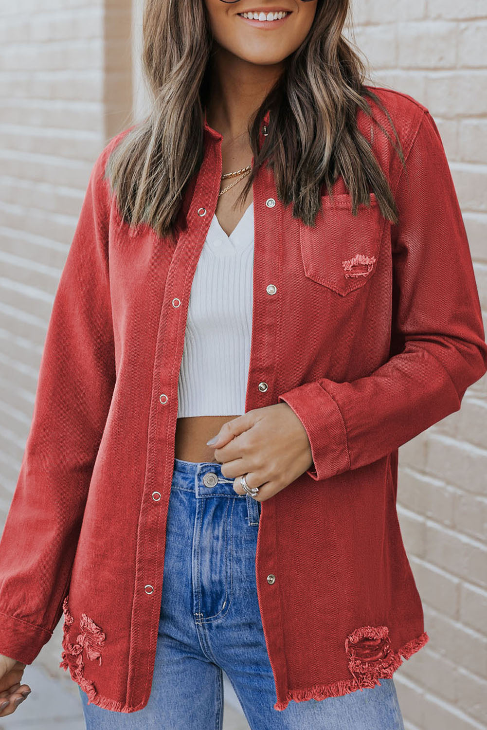 Distressed Raw Hem Snap Down Denim Jacket-Angel Casuals
