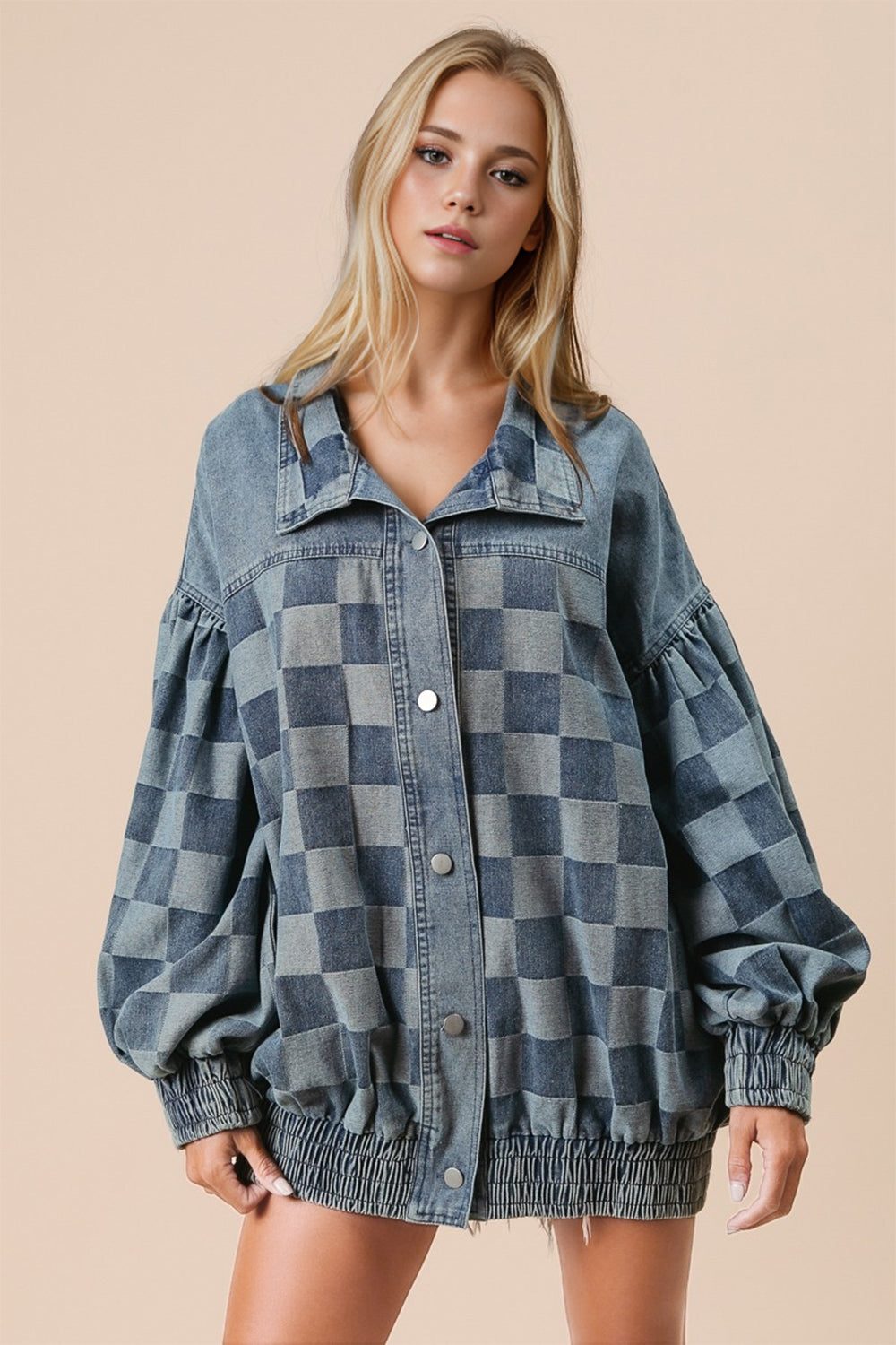 Double Take Checkered Button Up Denim Jacket-Angel Casuals