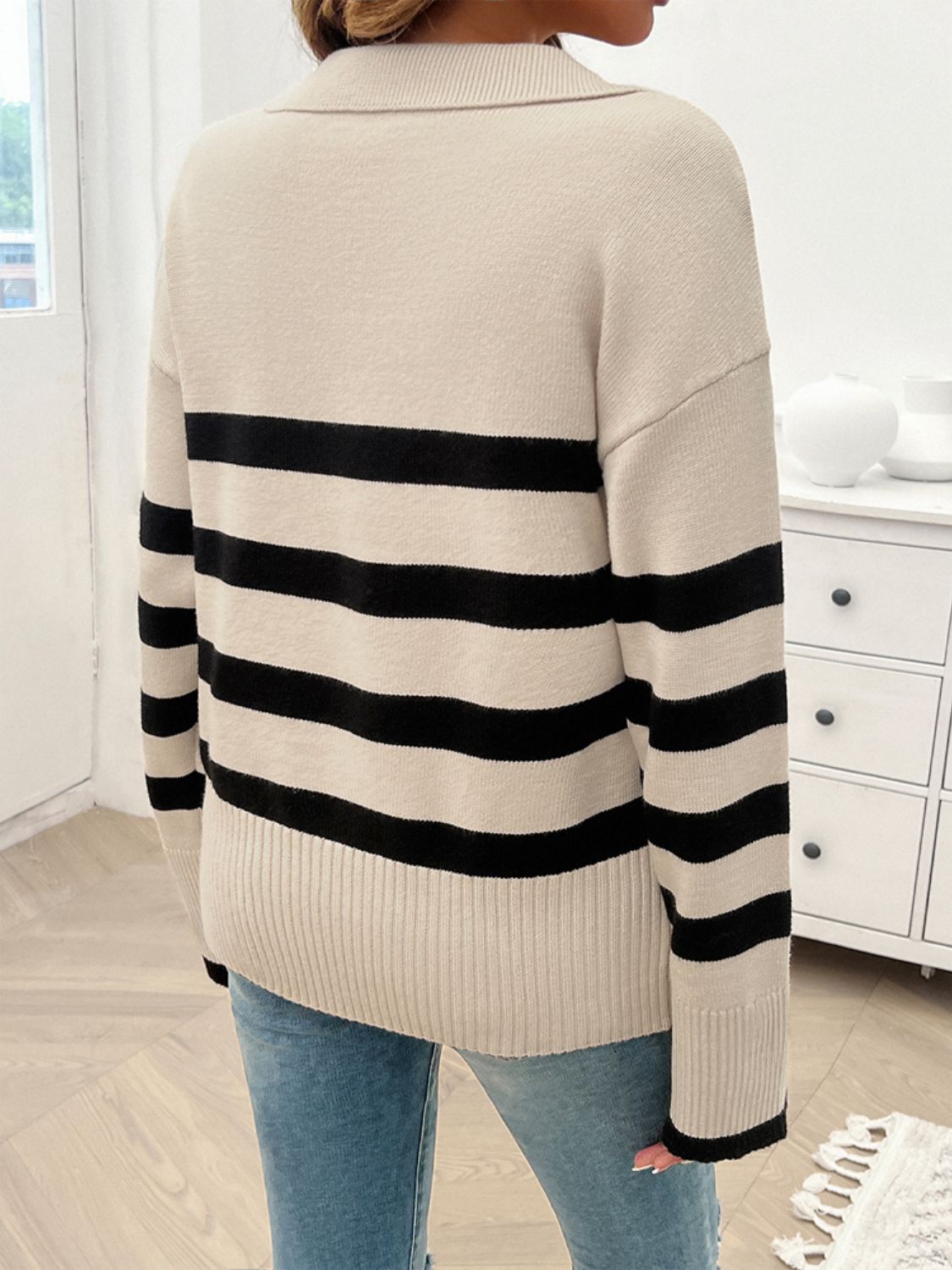Devine Striped Collared Neck Long Sleeve Sweater-Angel Casuals