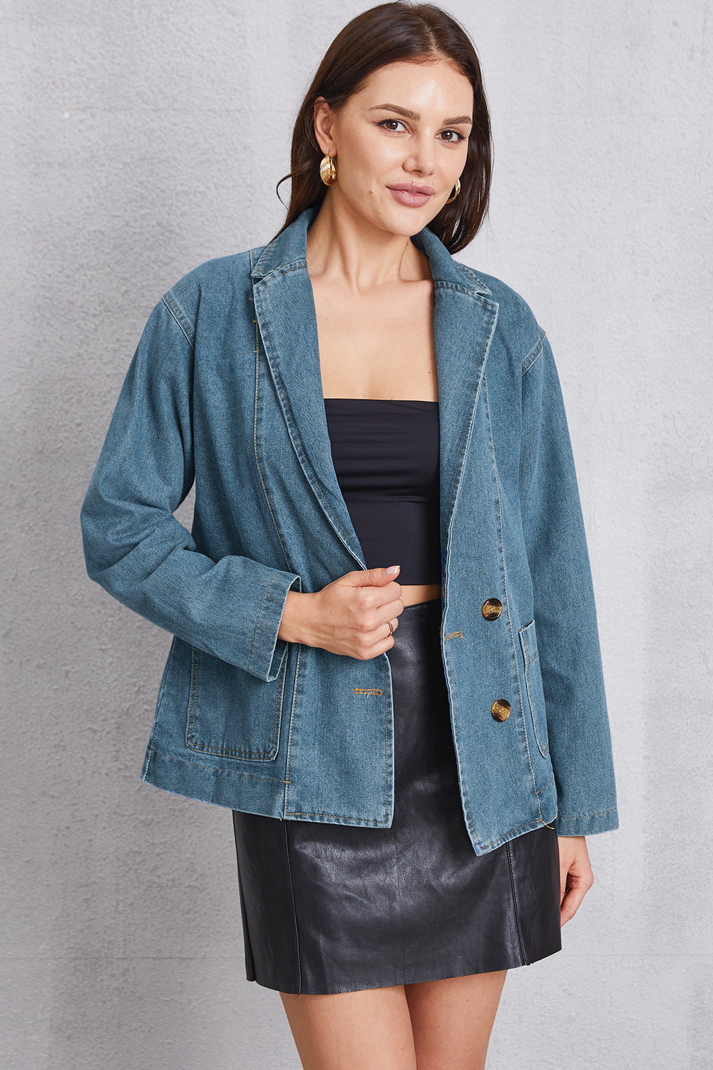 Pocketed Button Up Denim Jacket-Angel Casuals