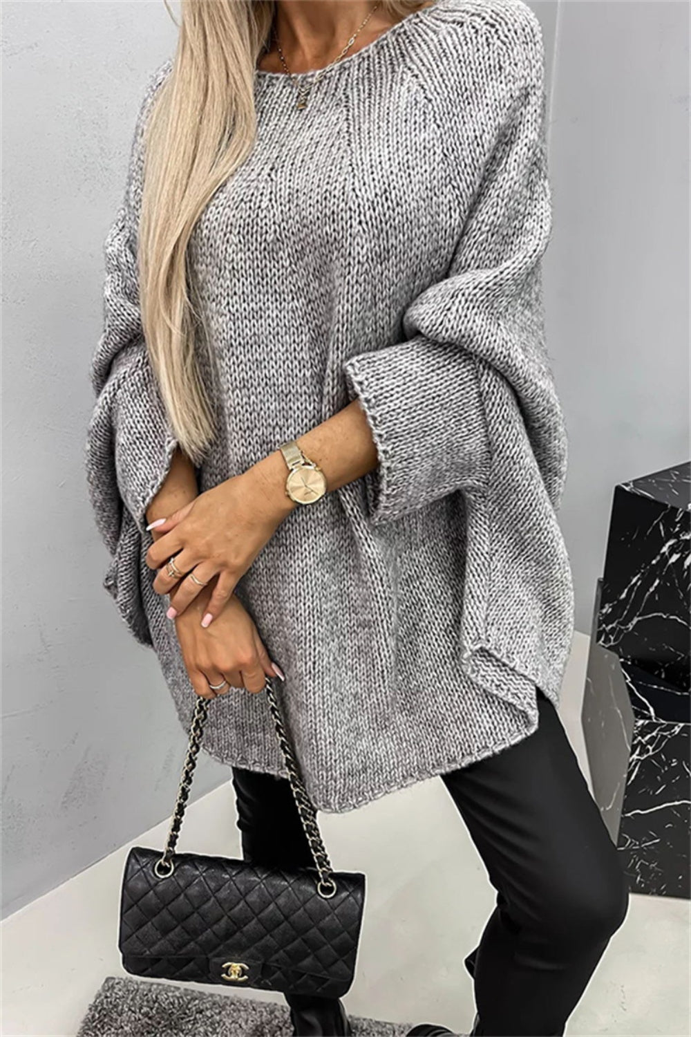 Round Neck Batwing Sleeve Sweater-Angel Casuals