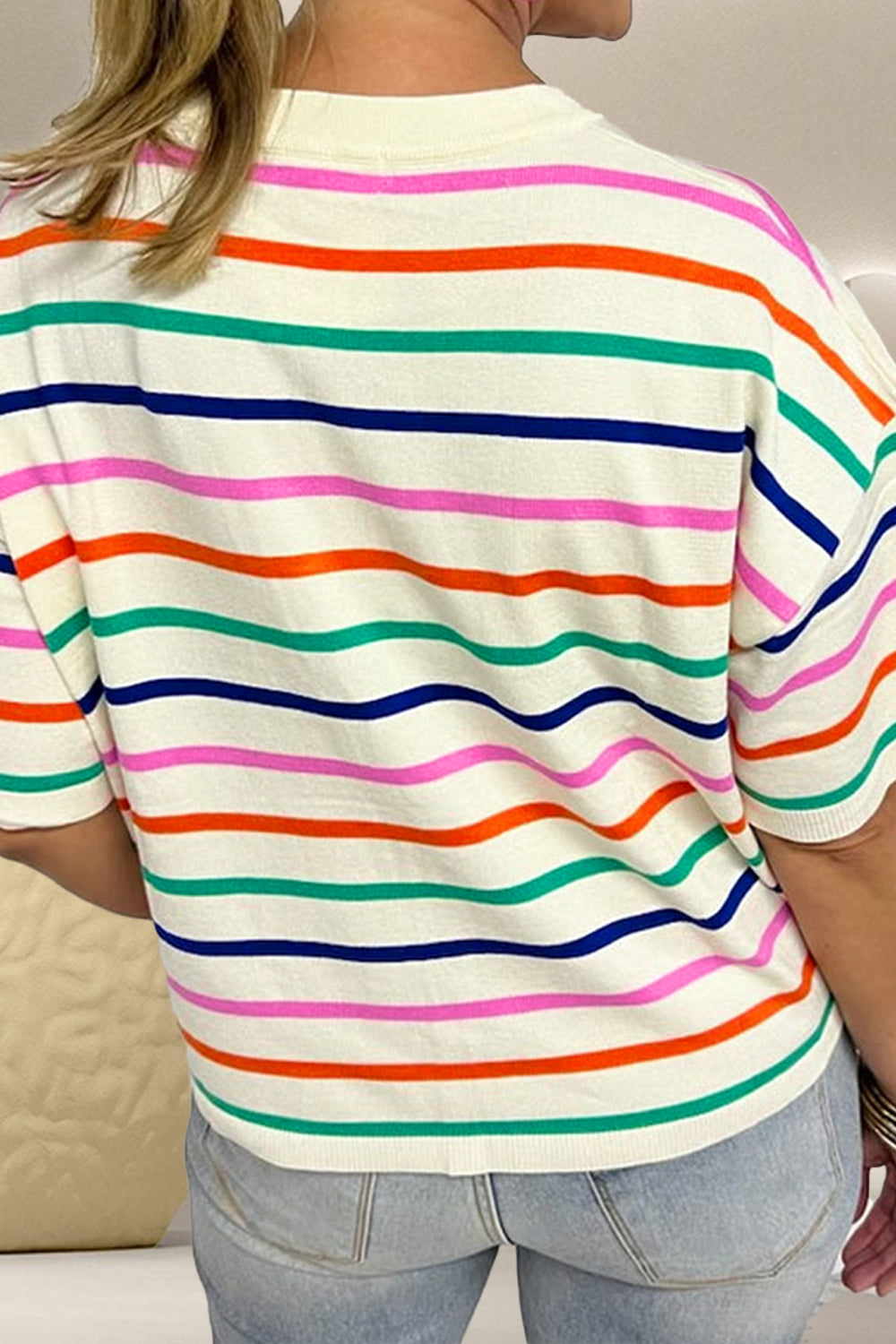 Striped Round Neck Half Sleeve Knit Top-Angel Casuals