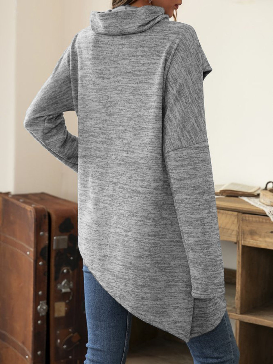 Asymmetrical Hem Cowl Neck Long Sleeve T-Shirt-Angel Casuals