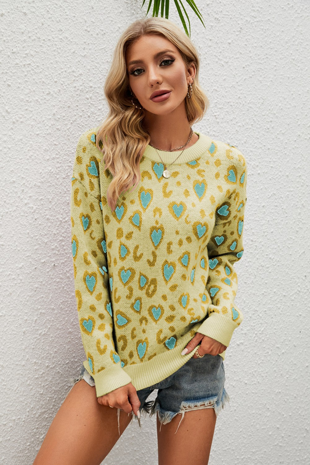 Heart Round Neck Dropped Shoulder Sweater-Angel Casuals