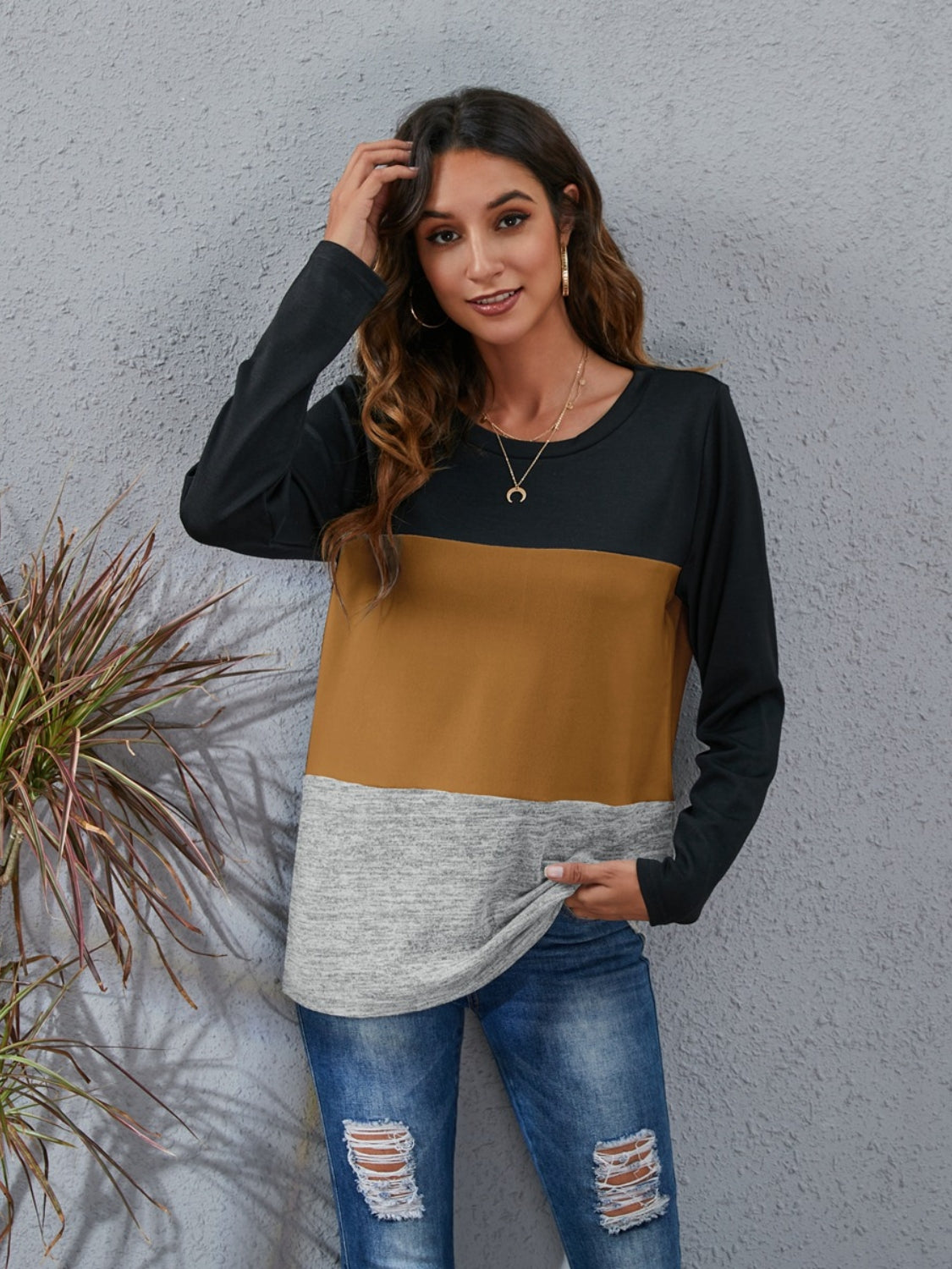 Color Block Round Neck Long Sleeve T-Shirt-Angel Casuals