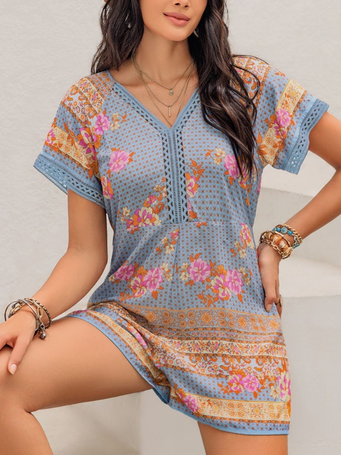 Printed V-Neck Short Sleeve Romper-Angel Casuals