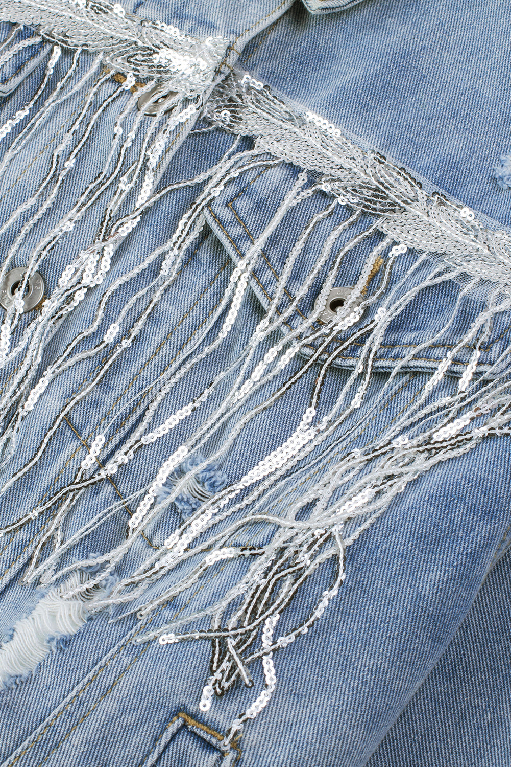 Sequin Fringe Trim Distressed Button Up Denim Jacket-Angel Casuals