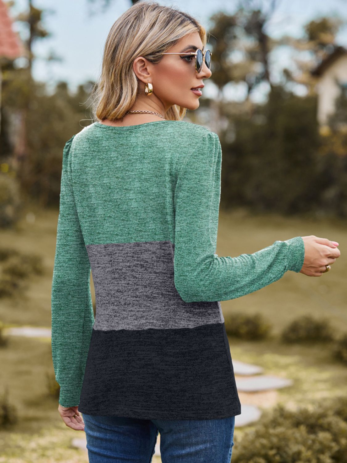 Color Block Square Neck Long Sleeve T-Shirt-Angel Casuals