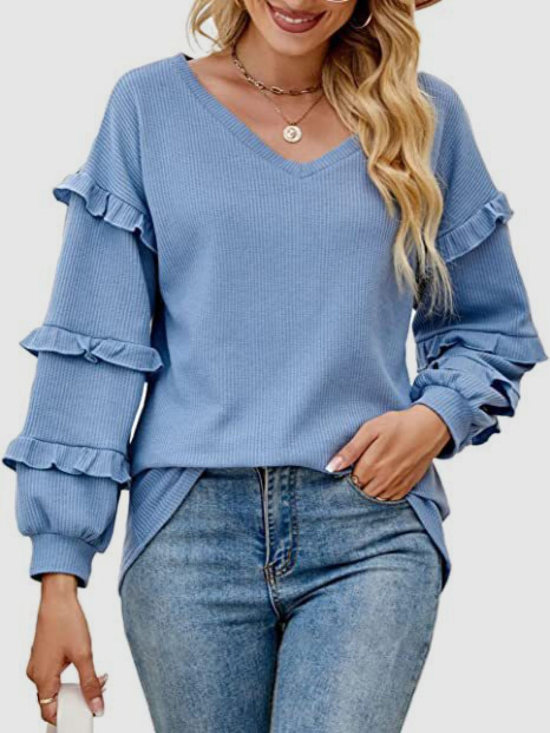 Ruffled V-Neck Long Sleeve T-Shirt-Angel Casuals