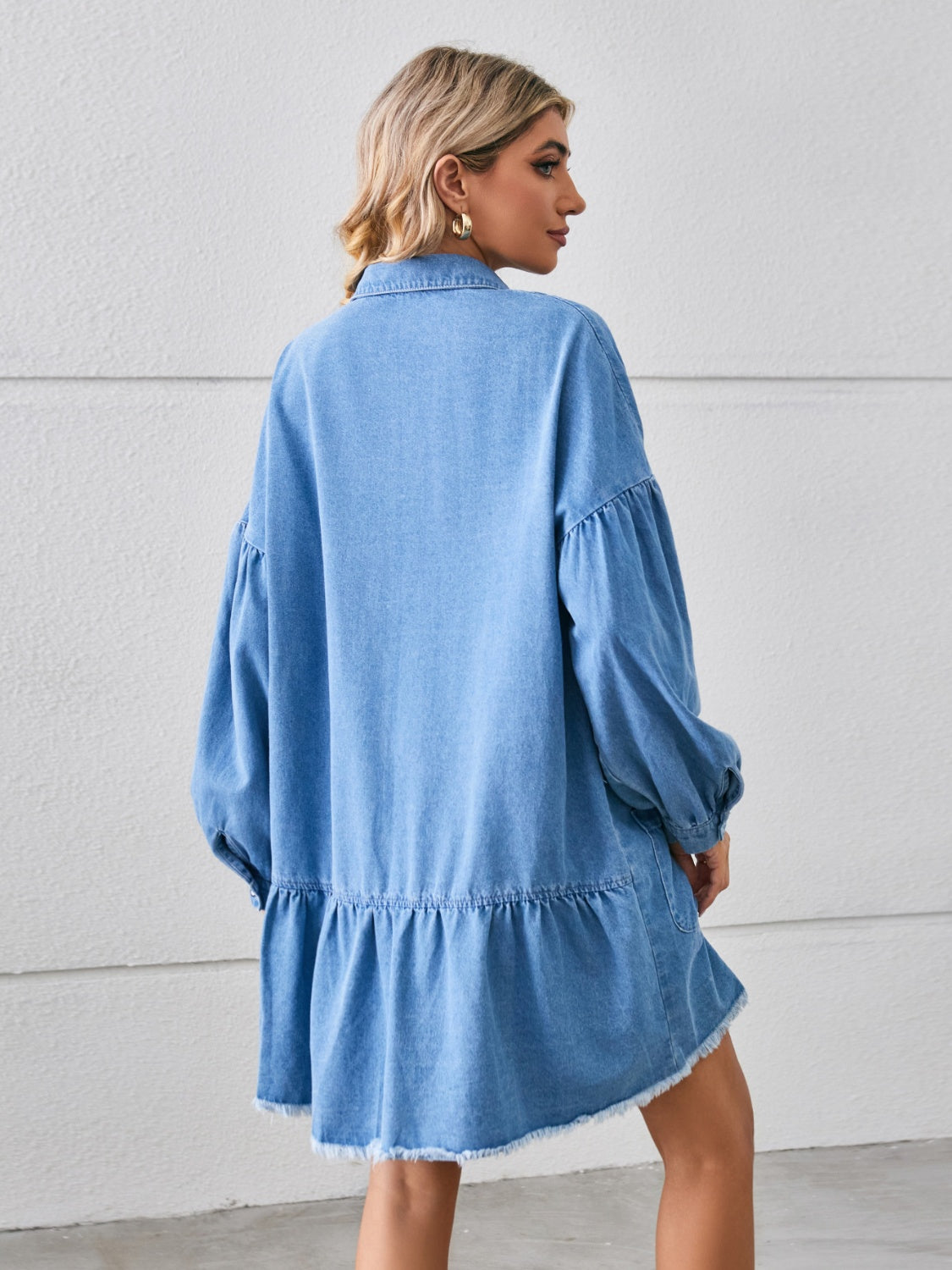 Button Up Pocketed Raw Hem Denim Dress-Angel Casuals