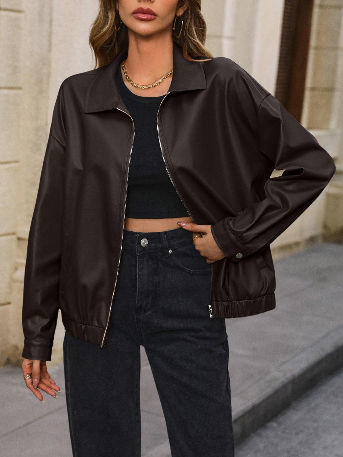 Ivy Lane Pocketed Zip Up Collared Neck Jacket-Angel Casuals