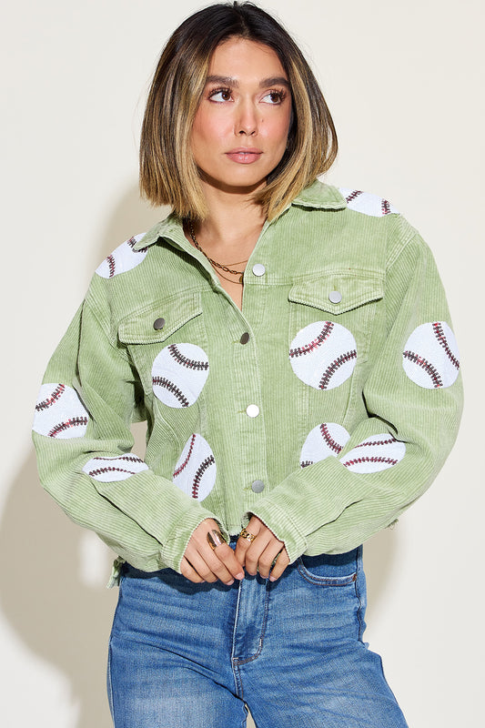 Baseball Sequin Dropped Shoulder Raw Hem Jacket-Angel Casuals