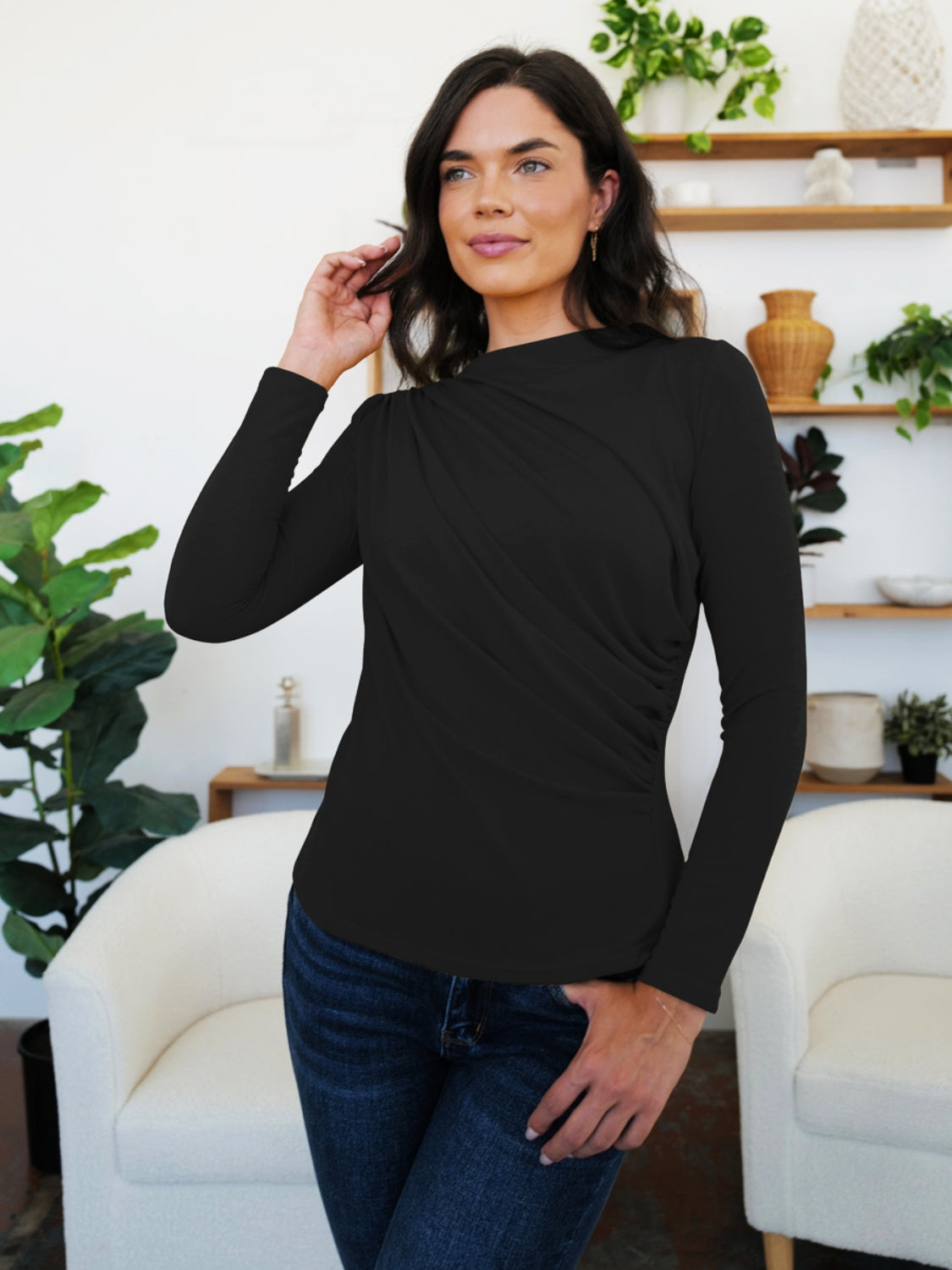 FAM-FAM Ruched Mock Neck Long Sleeve T-Shirt-Angel Casuals