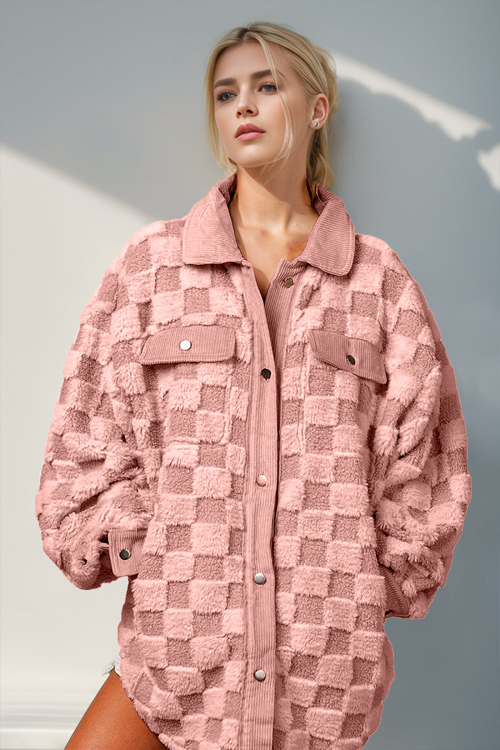 Double Take Button Up Fuzzy Checkered Shacket-Angel Casuals