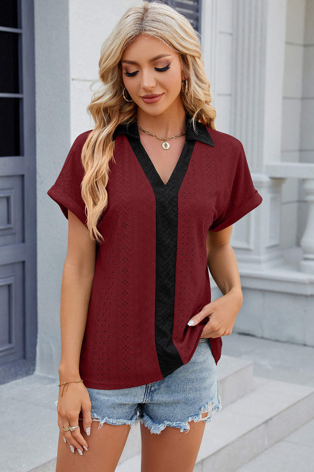 Eyelet Johnny Collar Short Sleeve T-Shirt-Angel Casuals