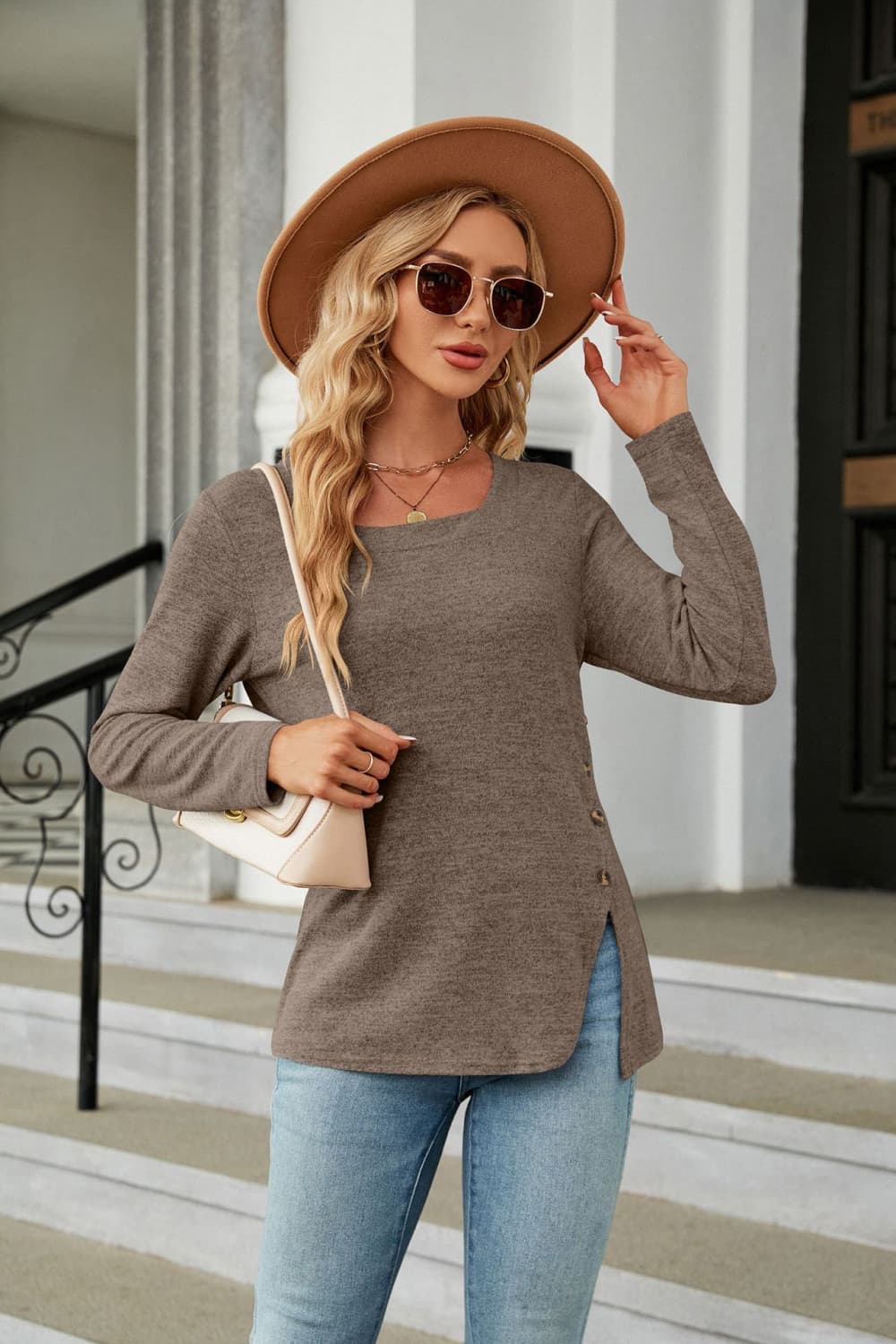 Square Neck Long Sleeve Slit T-Shirt-Angel Casuals