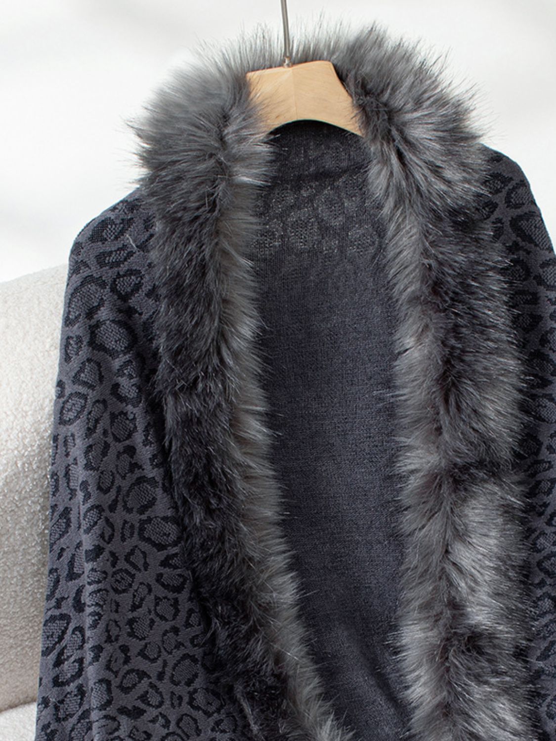 Fringe Leopard Open Front Long Sleeve Poncho-Angel Casuals