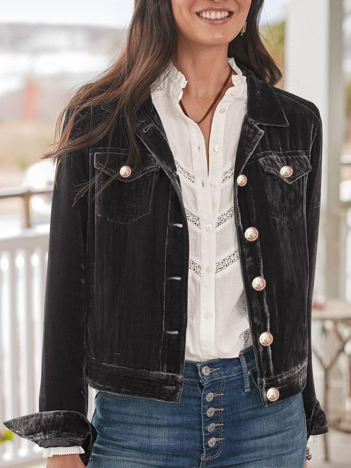 Button Up Long Sleeve Jacket with Chest Pockets-Angel Casuals