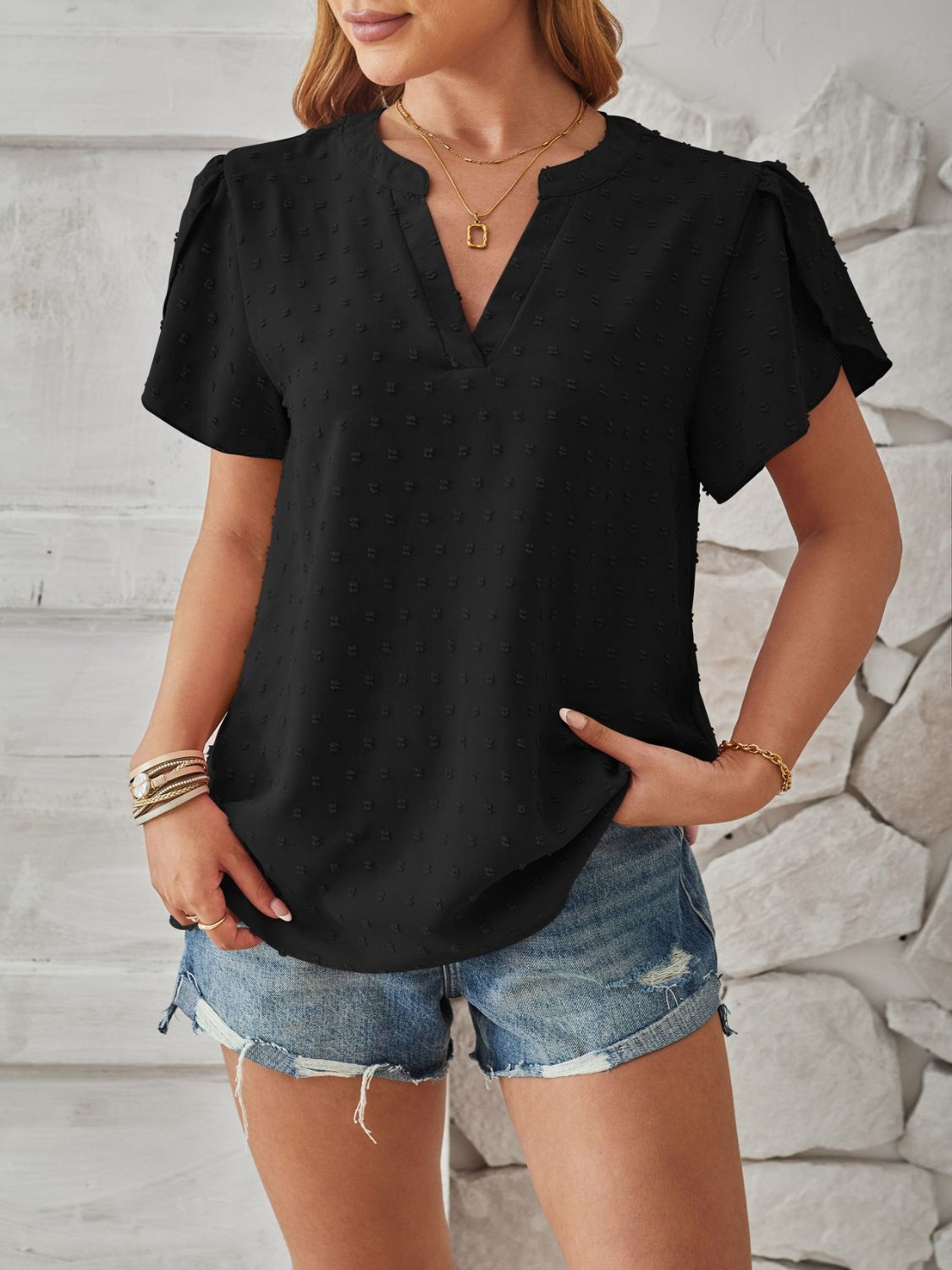 Swiss Dot Notched Petal Sleeve T-Shirt-Angel Casuals
