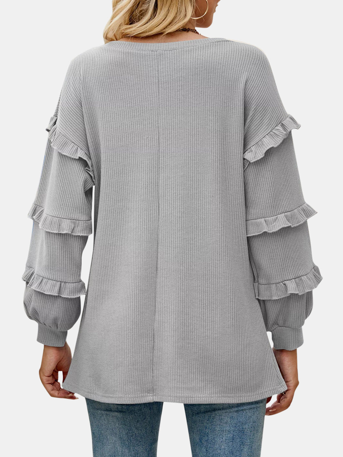 Ruffled V-Neck Long Sleeve T-Shirt-Angel Casuals