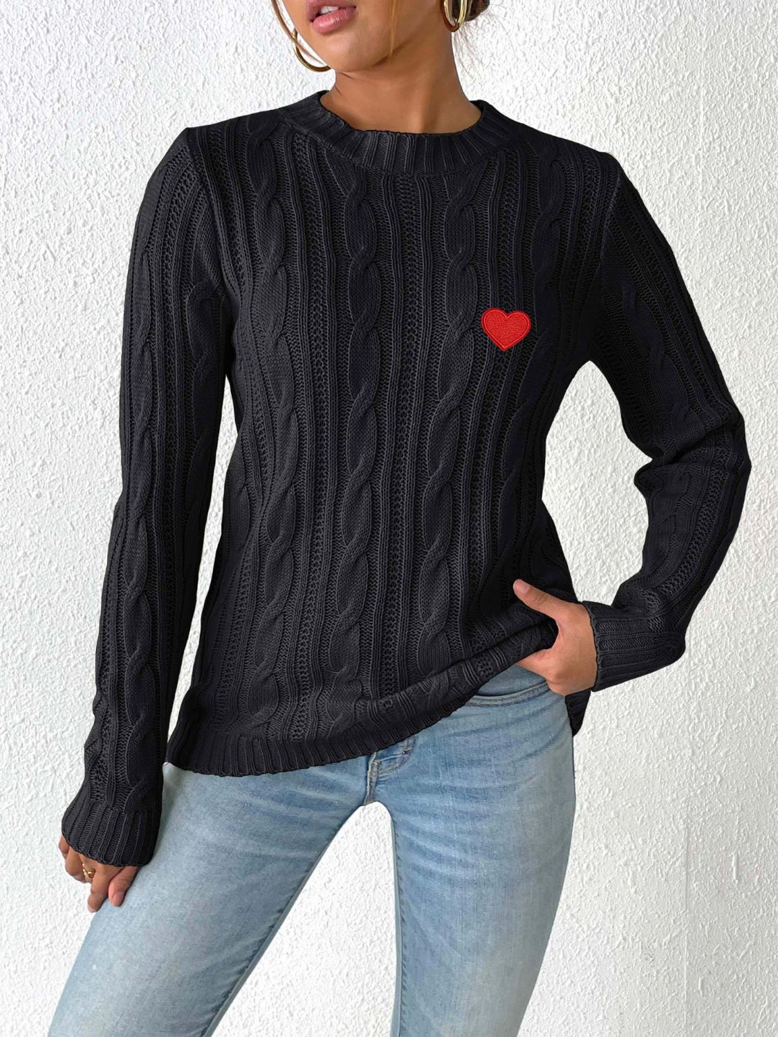 Cable-Knit Heart Round Neck Long Sleeve Sweater-Angel Casuals