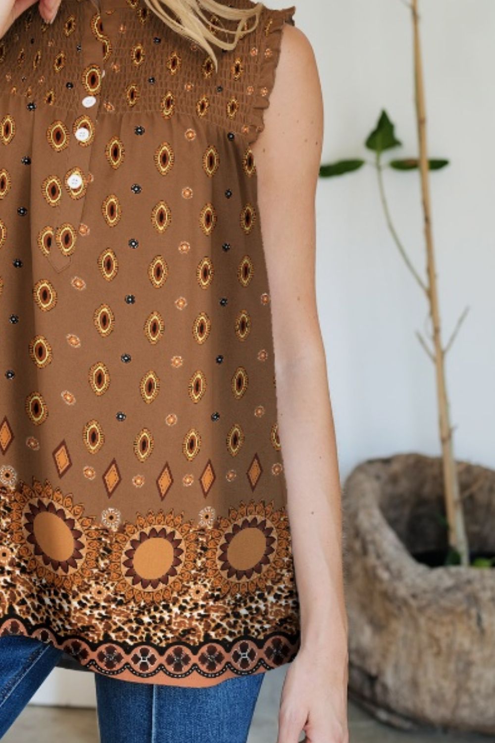 Frill Printed Mock Neck Top-Angel Casuals