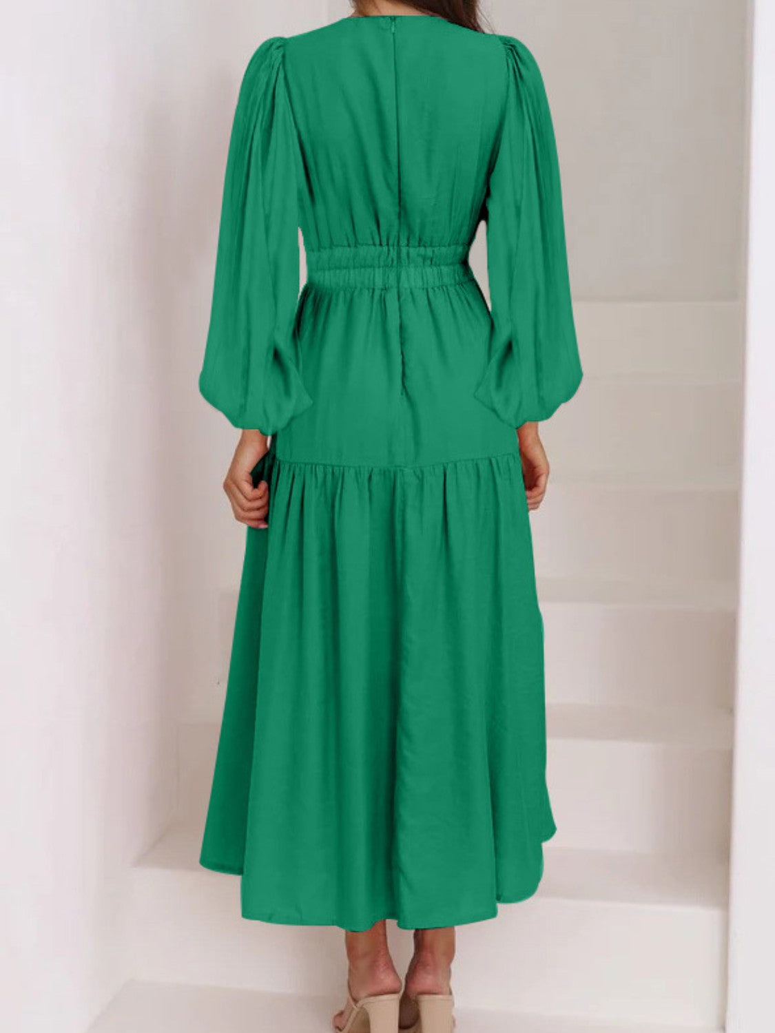Deep V-Neck Balloon Sleeve Plain Maxi Dress-Angel Casuals