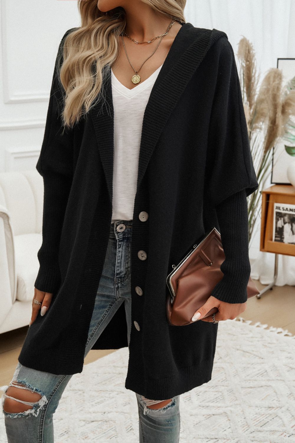 Devine Button Up Long Sleeve Hooded Cardigan-Angel Casuals