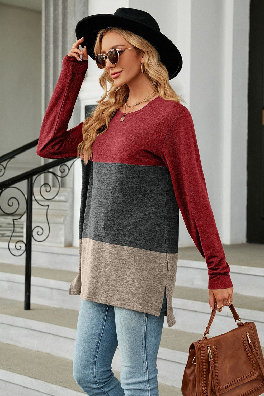 Color Block Round Neck Long Sleeve Slit T-Shirt-Angel Casuals
