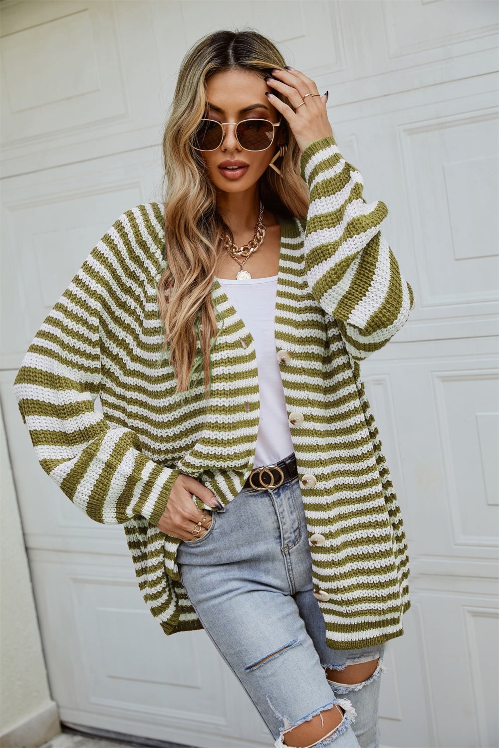 Angel Wings Striped Button Up Long Sleeve Cardigan-Angel Casuals