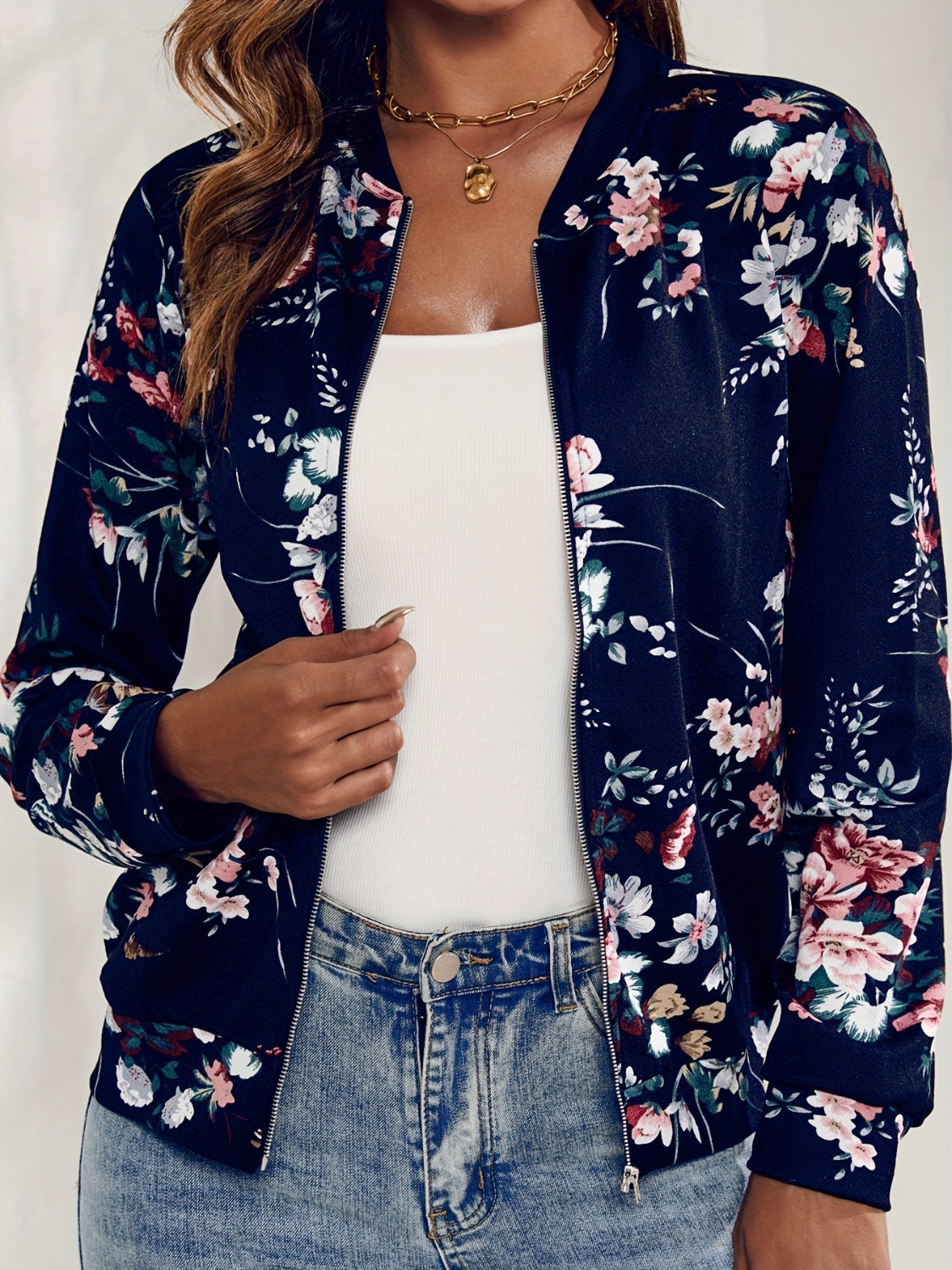 Printed Zip Up Long Sleeve Outerwear-Angel Casuals