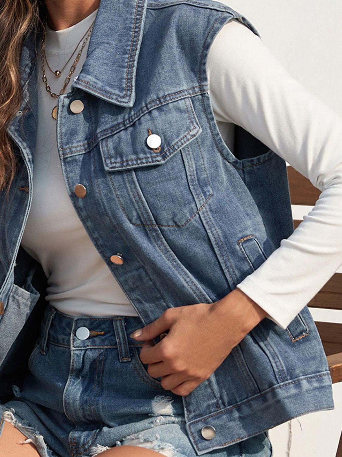 Collared Neck Sleeveless Denim Jacket-Angel Casuals