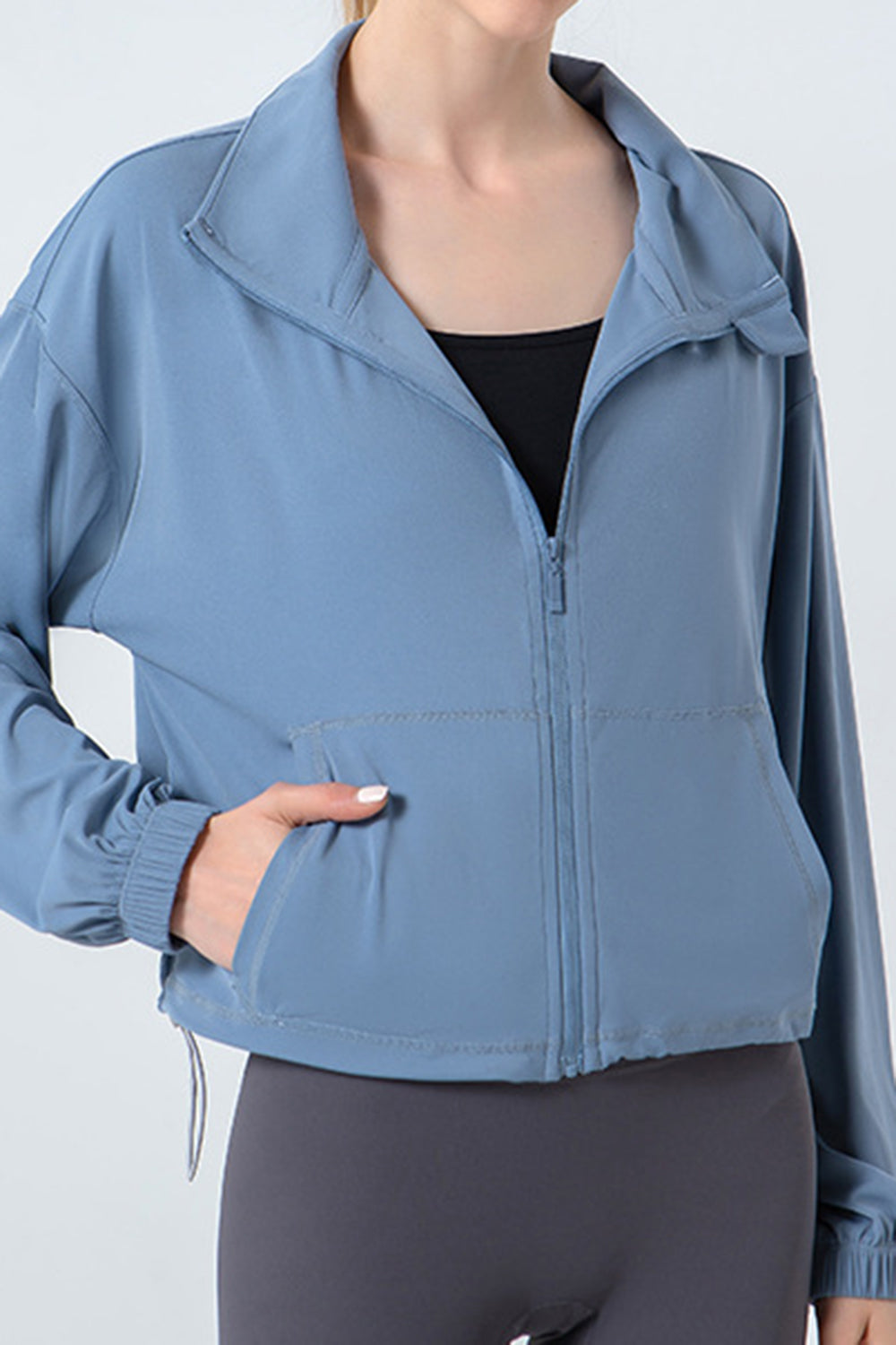 Drawstring Zip Up Dropped Shoulder Active Outerwear-Angel Casuals