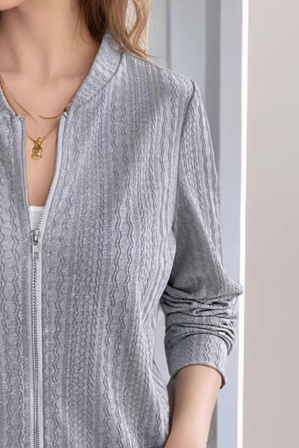 Baseball Collar Zip Up Long Sleeve Jacket-Angel Casuals