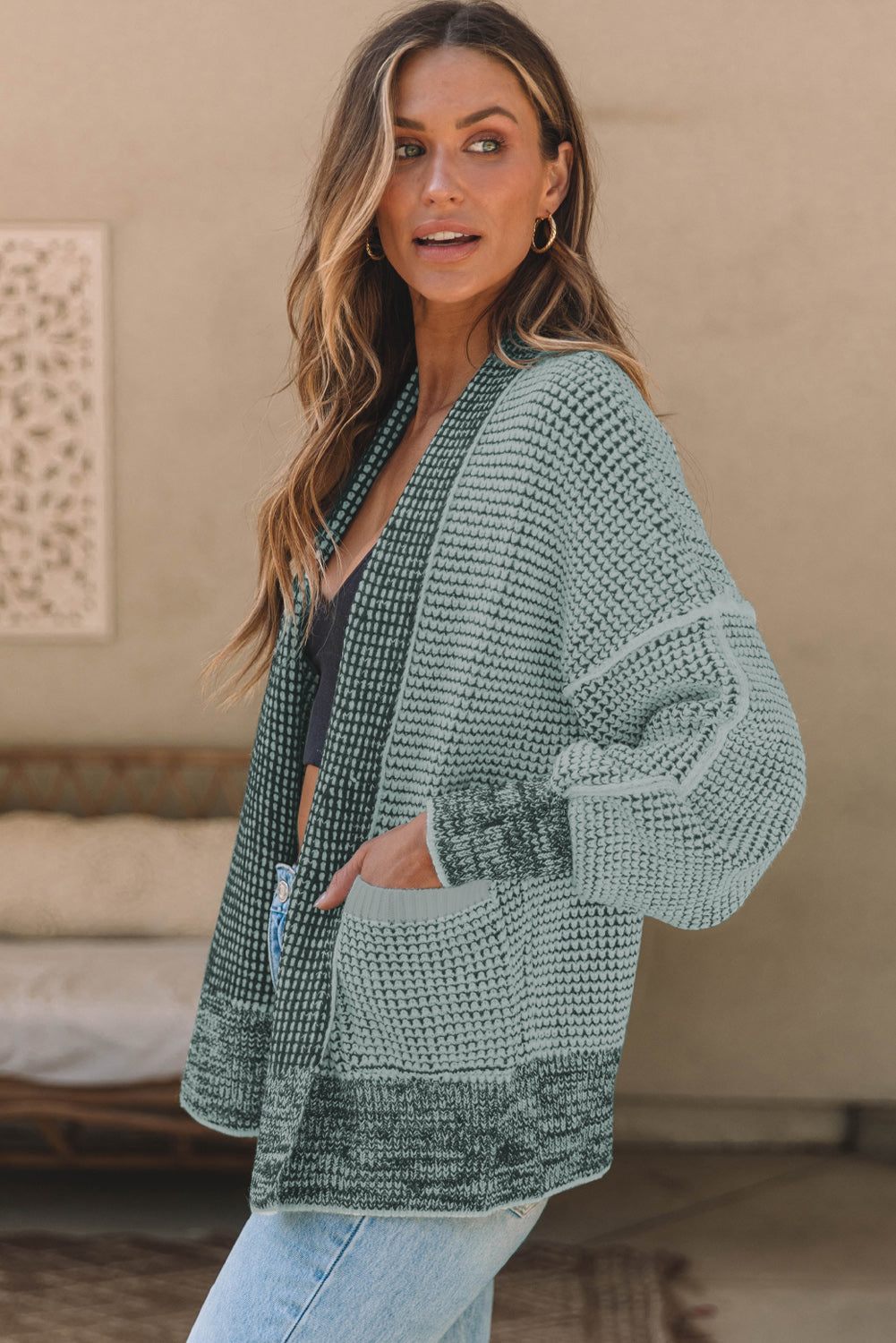 Waffle-knit Pocketed Open Front Cardigan-Angel Casuals