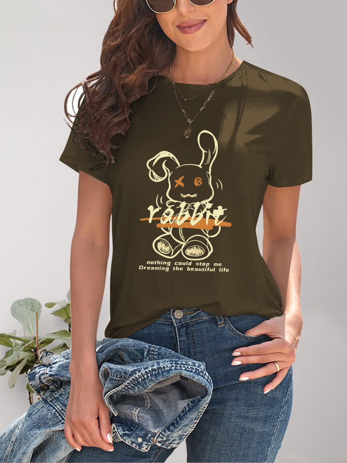 Rabbit Graphic Round Neck Short Sleeve T-Shirt-Angel Casuals