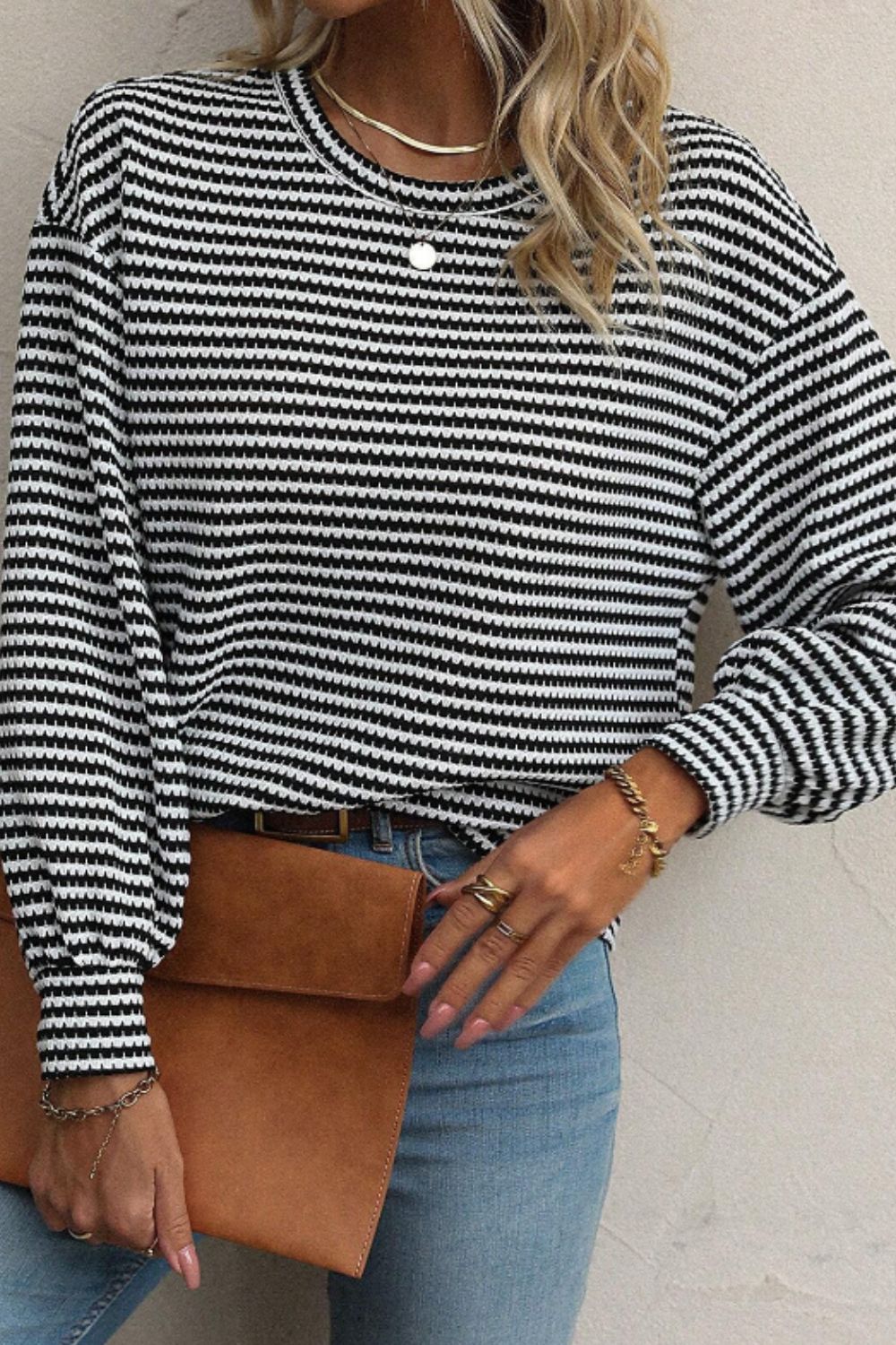 Striped Round Neck Long Sleeve Top-Angel Casuals