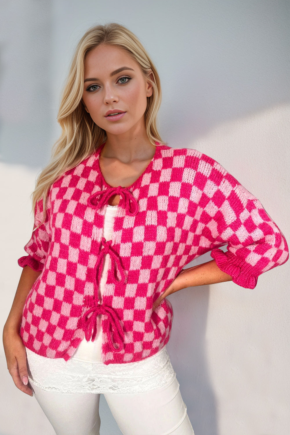 Double Take Tied Checkered Dropped Shoulder Flounce Sleeve Cardigan-Angel Casuals