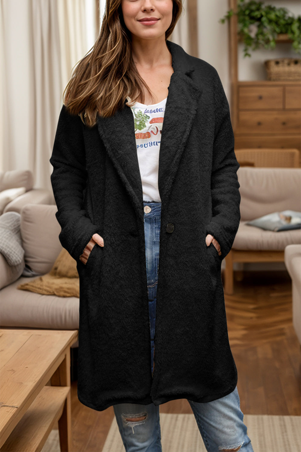 Full Size One Button Long Sleeve Longline Plush Coat-Angel Casuals