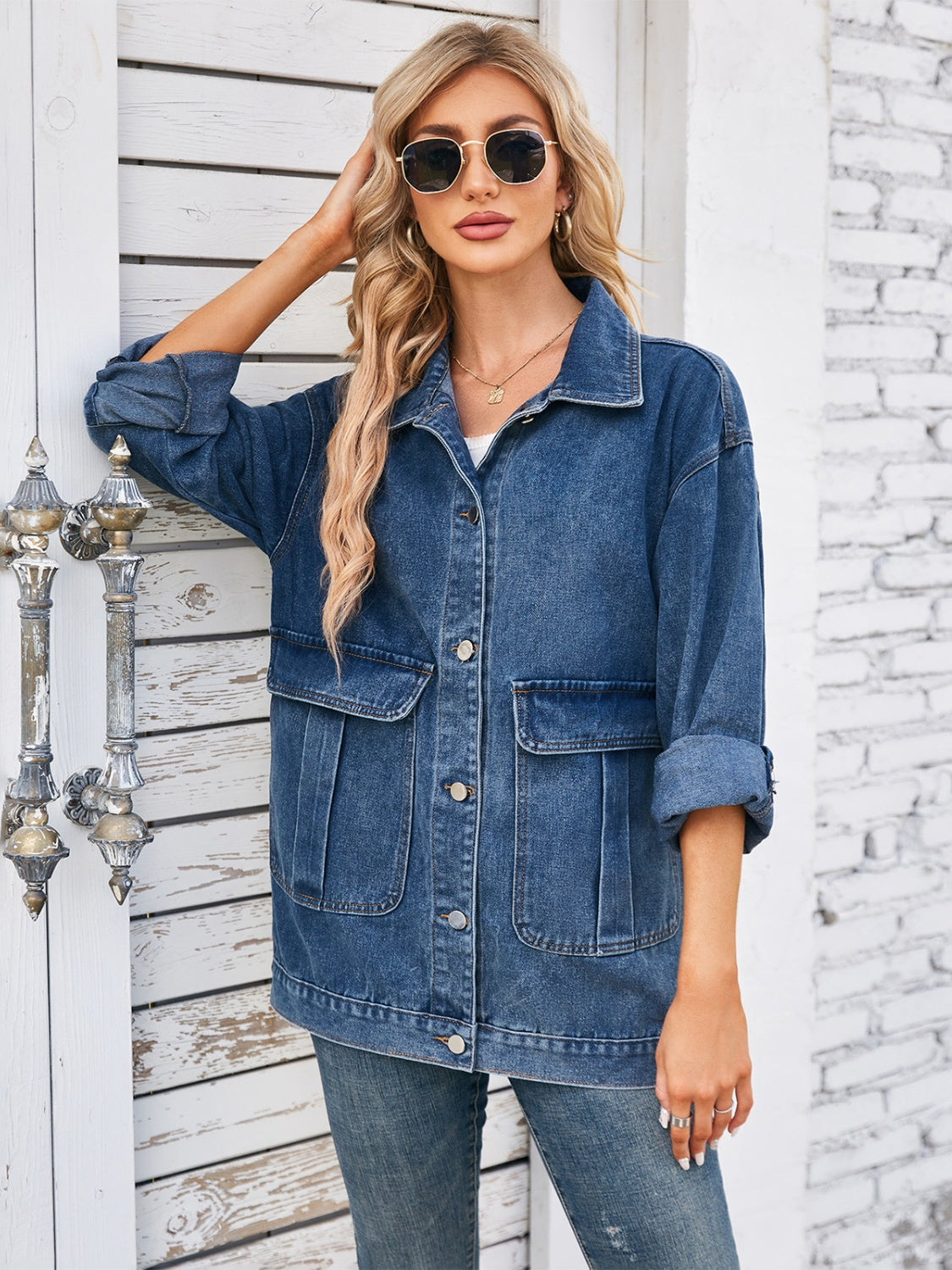 Button Up Long Sleeve Denim Jacket-Angel Casuals