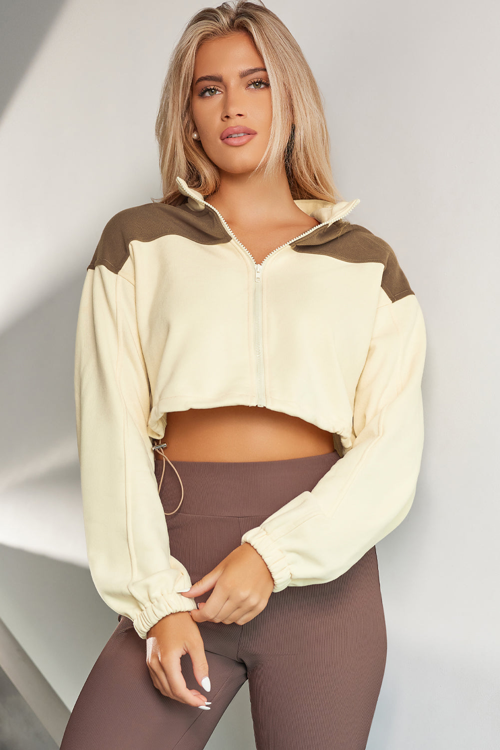 Contrast Drawstring Zip Up Jacket-Angel Casuals