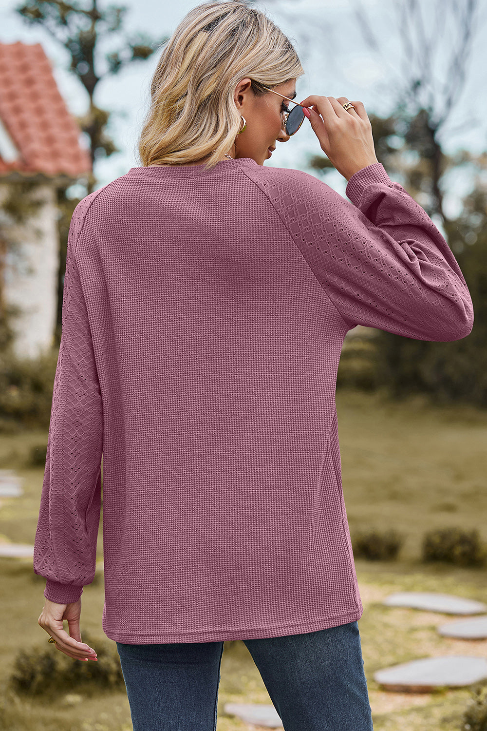 Eyelet Round Neck Long Sleeve T-Shirt-Angel Casuals