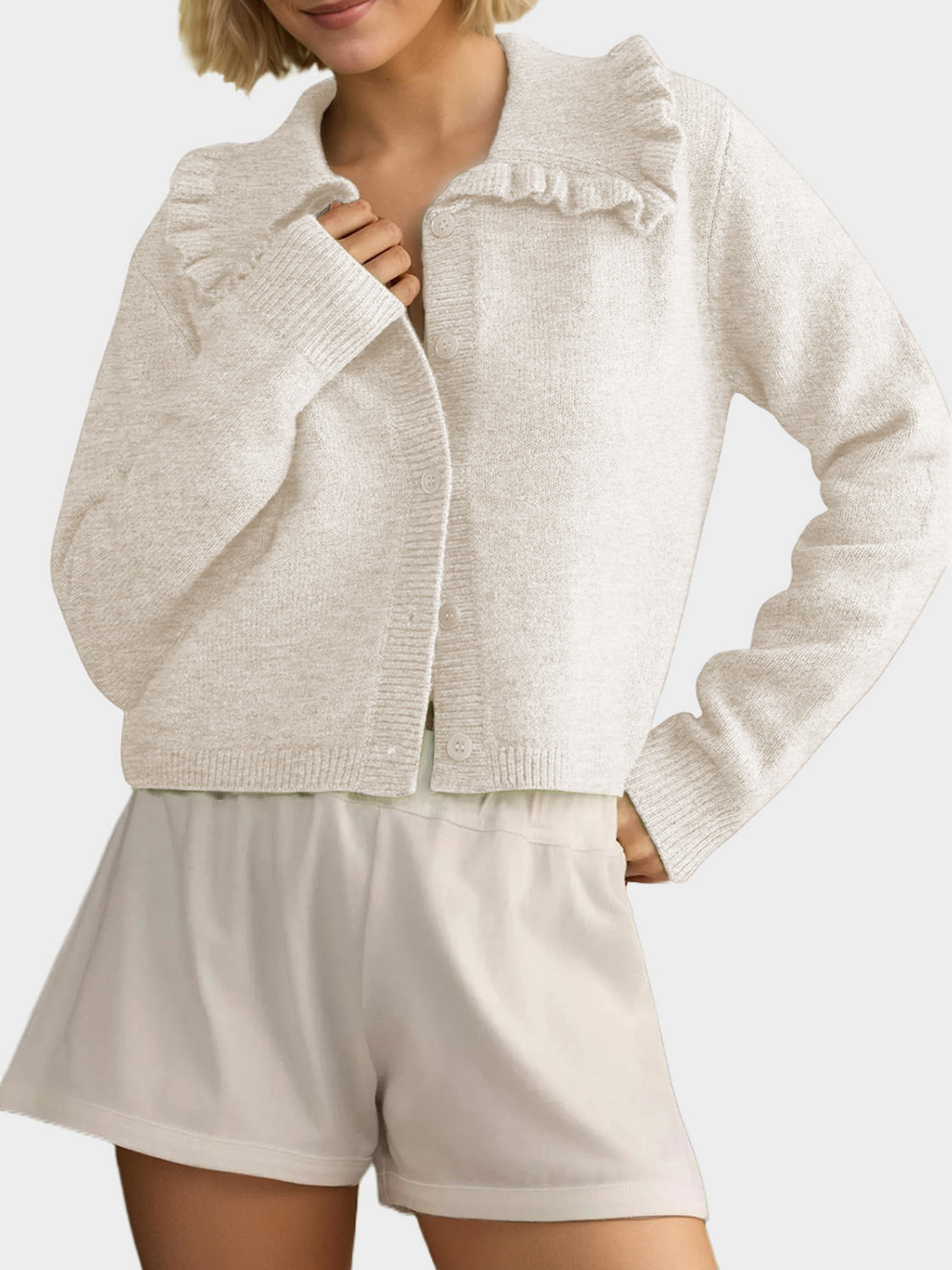 Frill Button Up Collared Neck Long Sleeve Cardigan-Angel Casuals