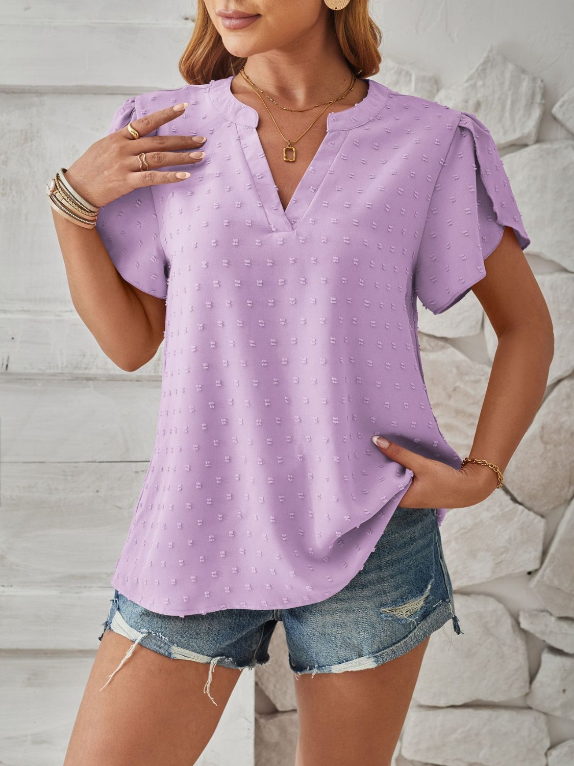 Swiss Dot Notched Petal Sleeve T-Shirt-Angel Casuals