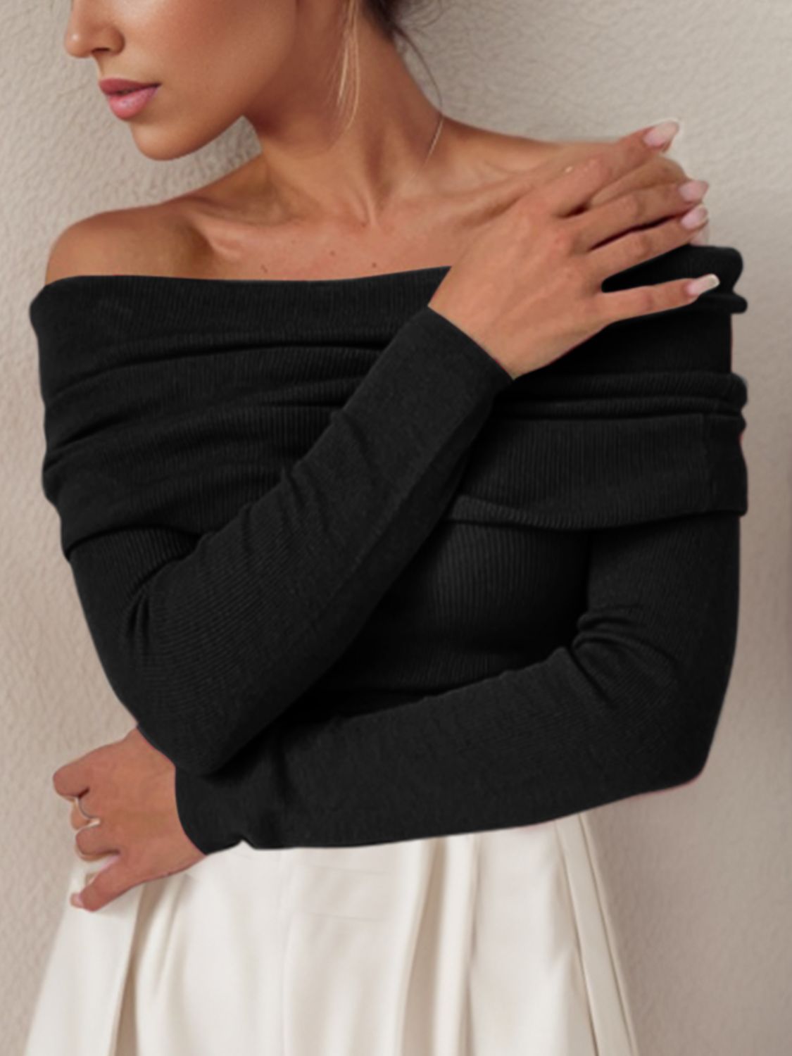 Off-Shoulder Long Sleeve Sweater-Angel Casuals